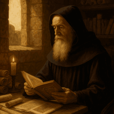 Imagem de São Beda, o Venerável, em estilo religioso, destacando sua figura como doutor da Igreja.