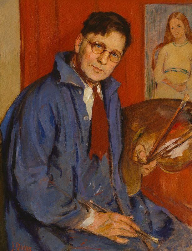 Retrato histórico e imagens de obras do pintor australiano George Bell, incluindo pinturas de guerra como Dawn at Hamel.