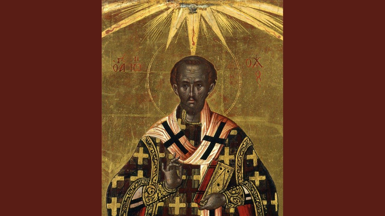 Imagen oficial del santo Juan Crisóstomo como doctor de la Iglesia, con retrato tradicional.