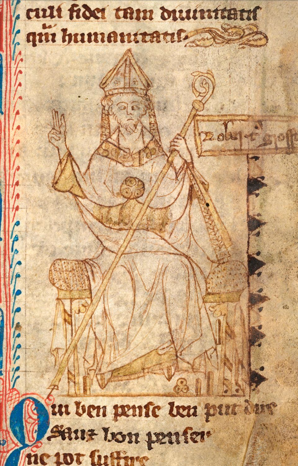 Retrato histórico e ilustrações relacionadas à vida e obras de Robert Grosseteste como bispo e cientista.