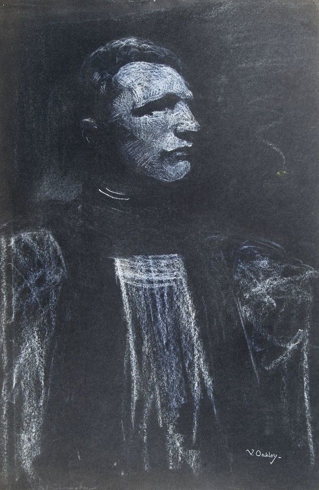 Retrato artístico de Rev. Samuel Shoemaker pintado por Violet Oakley, exibido em museu de arte.