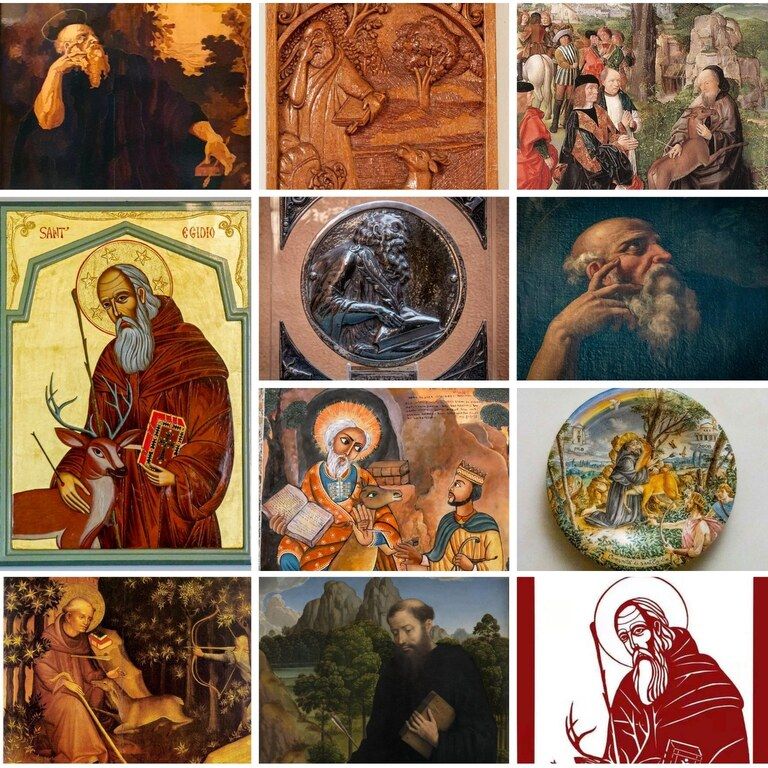 Galeria de fotos com várias representações artísticas de Santo Egídio, incluindo iconografia com corça, flecha e Bíblia.