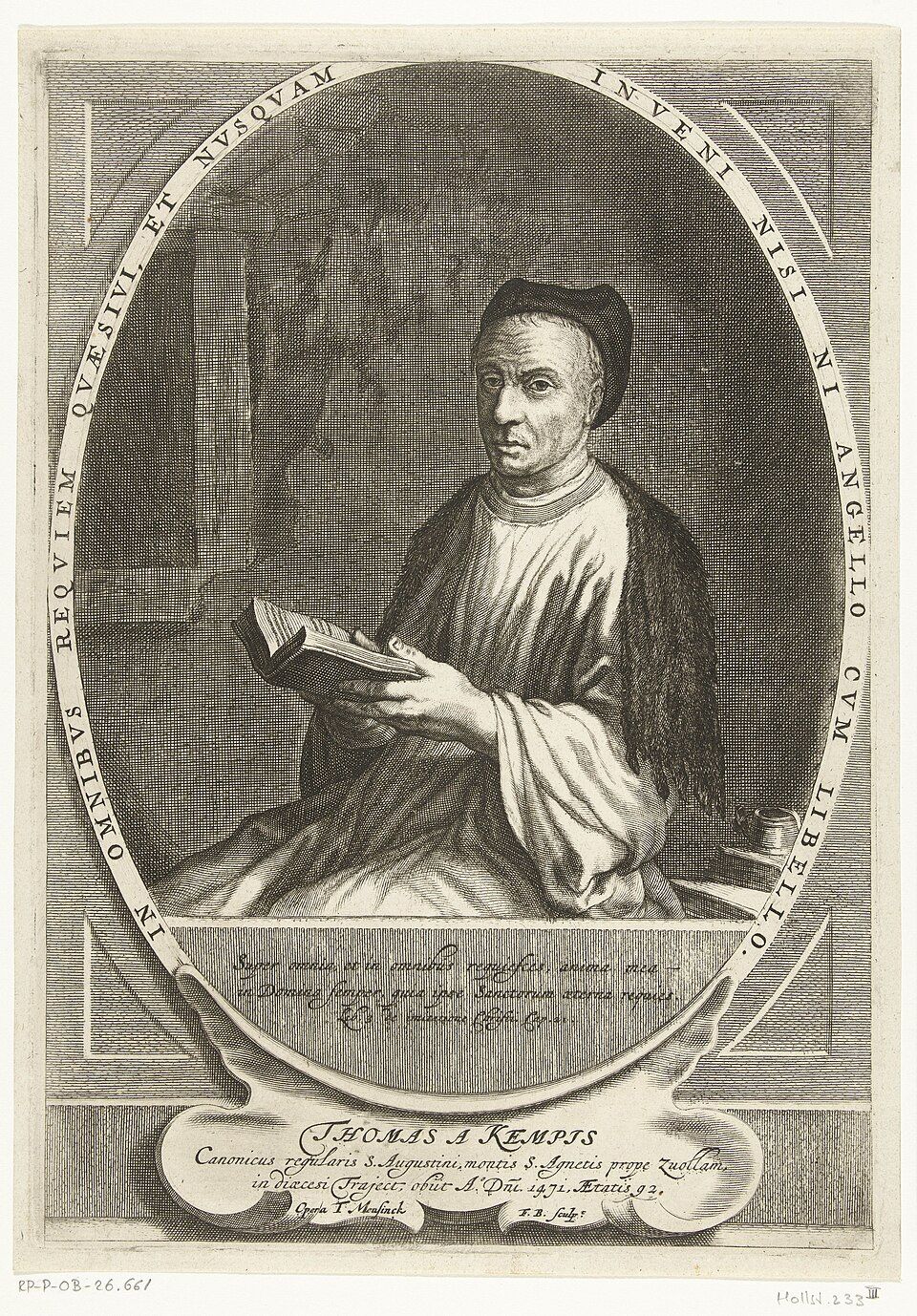 Retrato histórico antigo de Thomas à Kempis mencionado em legenda de quadro, com biografia detalhada.