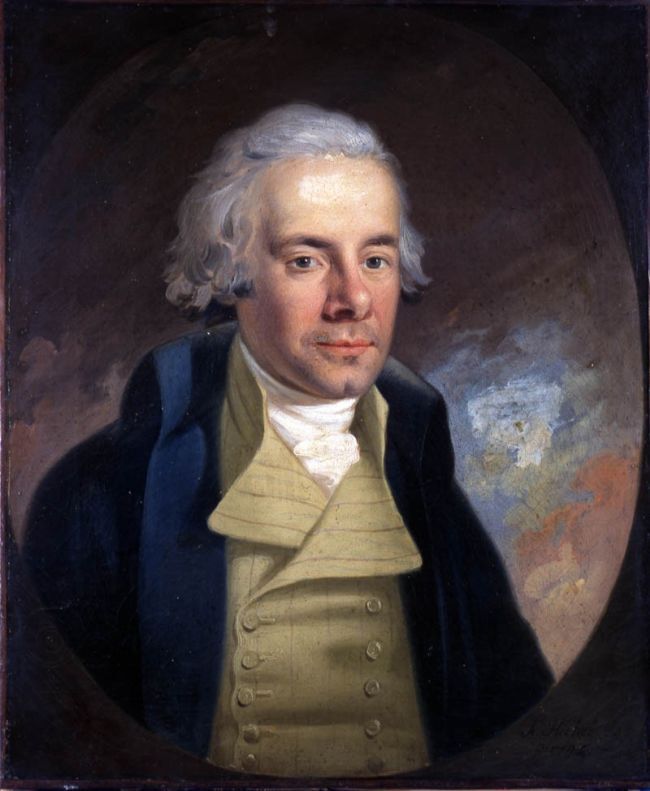 Retrato principal de William Wilberforce junto a biografía detallada sobre su vida y campaña abolicionista.